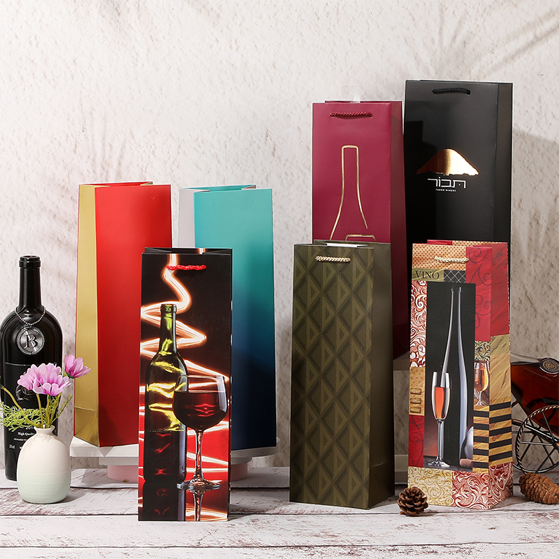 Bolsas de regalo de papel para una sola botella de vino con asas de cuerda